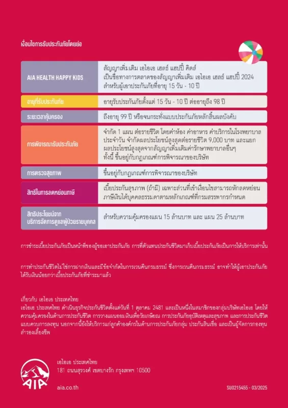 AIA Health Happy Kids ตารางเงื่อนไข