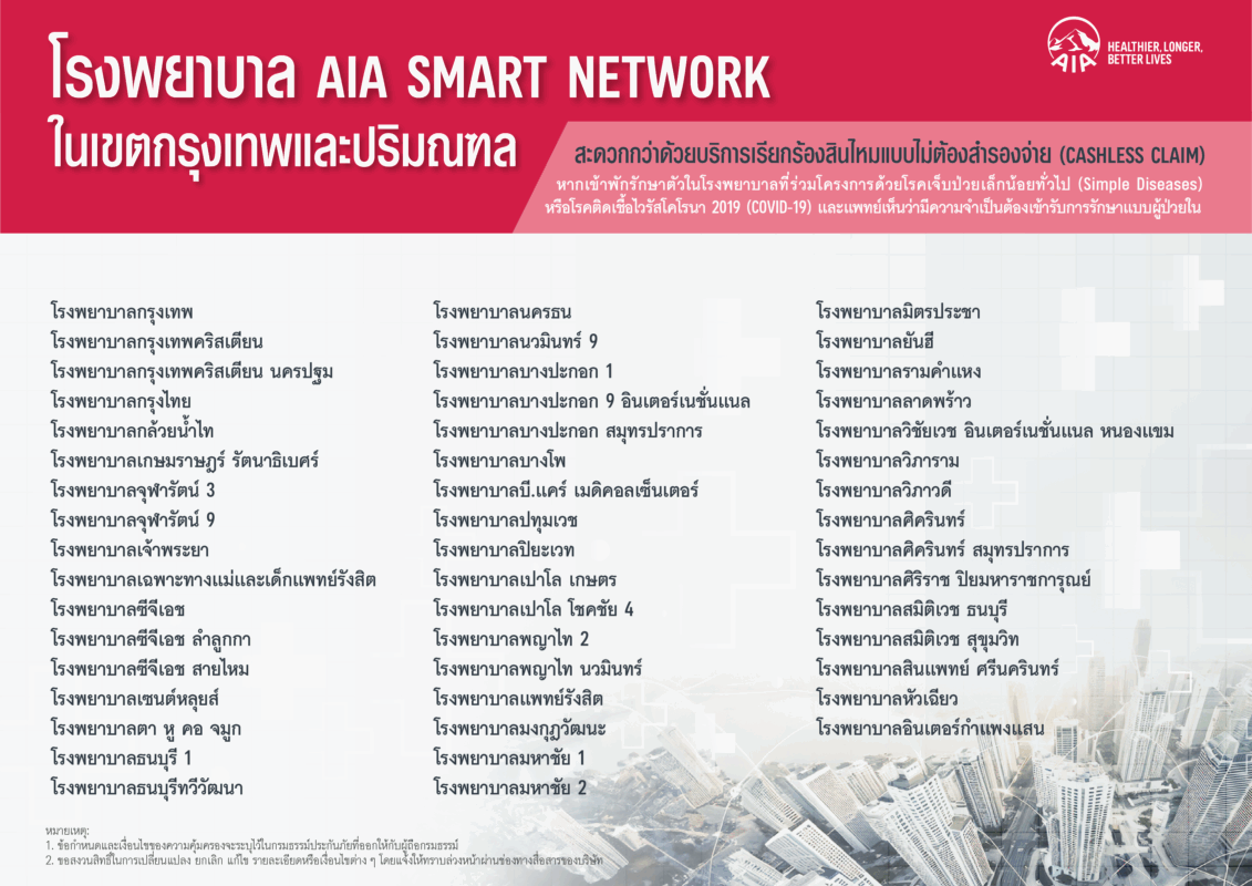 รายชื่อโรงพยาบาล AIA Smart Network กรุงเทพ ปริมณฑล