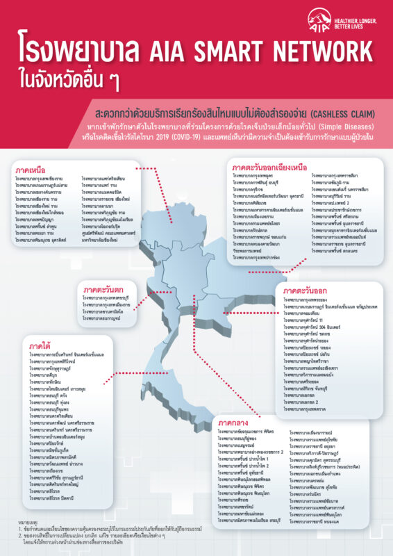รายชื่อโรงพยาบาล AIA Smart Network ต่างจังหวัด