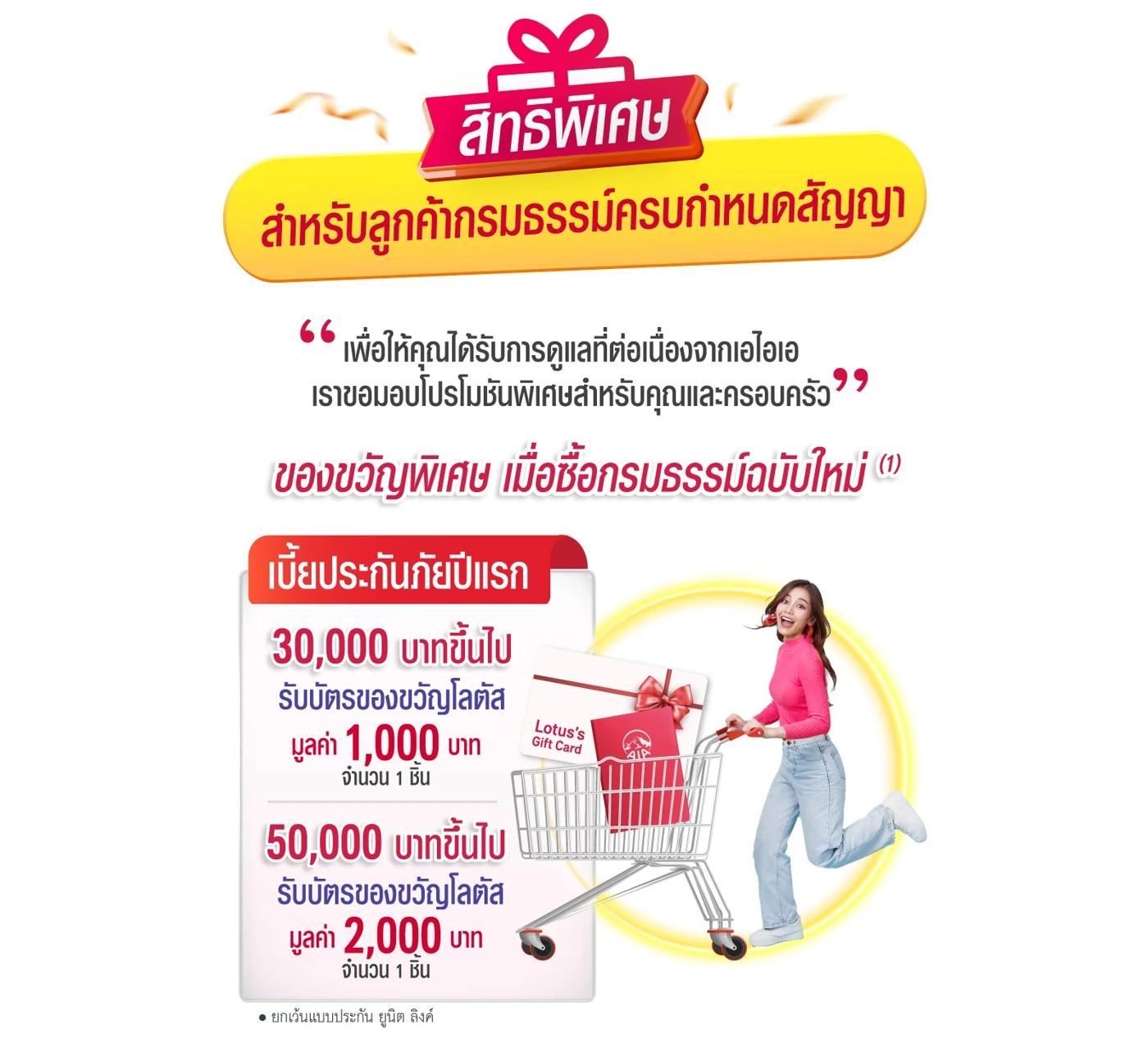 โปรโมชั่น AIA 2569 รวมสิทธิพิเศษและโปรบัตรเครดิต 5 โปรโมชั่น AIA กรมธรรม์ครบสัญญา รับบัตรของขวัญโลตัส